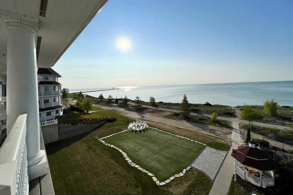 View from balcony overlooking Lake Michigan at Blue Harbor Resort