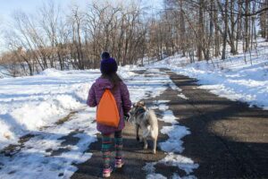 kids walking on trails at Tellulah Park Appleton Winter