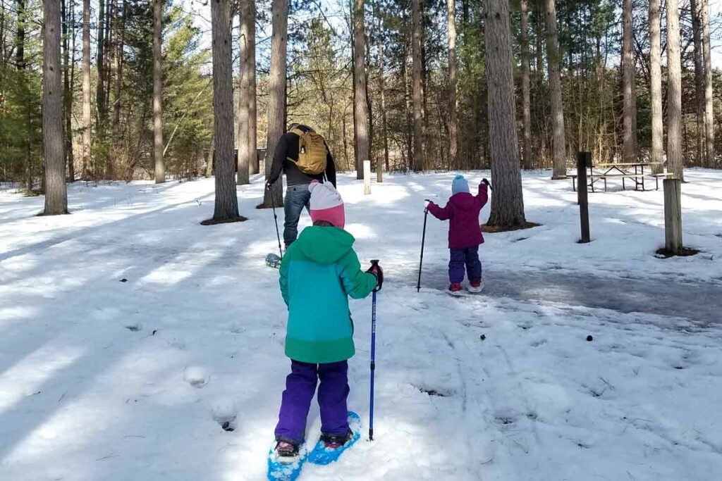 family snowshoeing at Navarino Nature Center in Shiocton