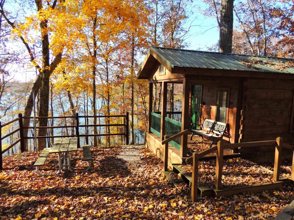 Fall cabin on the lake in wisconsin