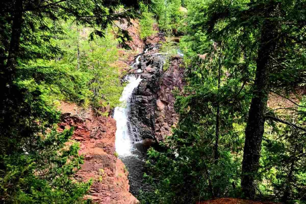 Tall drop waterfall at Copper Falls State Park in Wisconsin. Summer time.